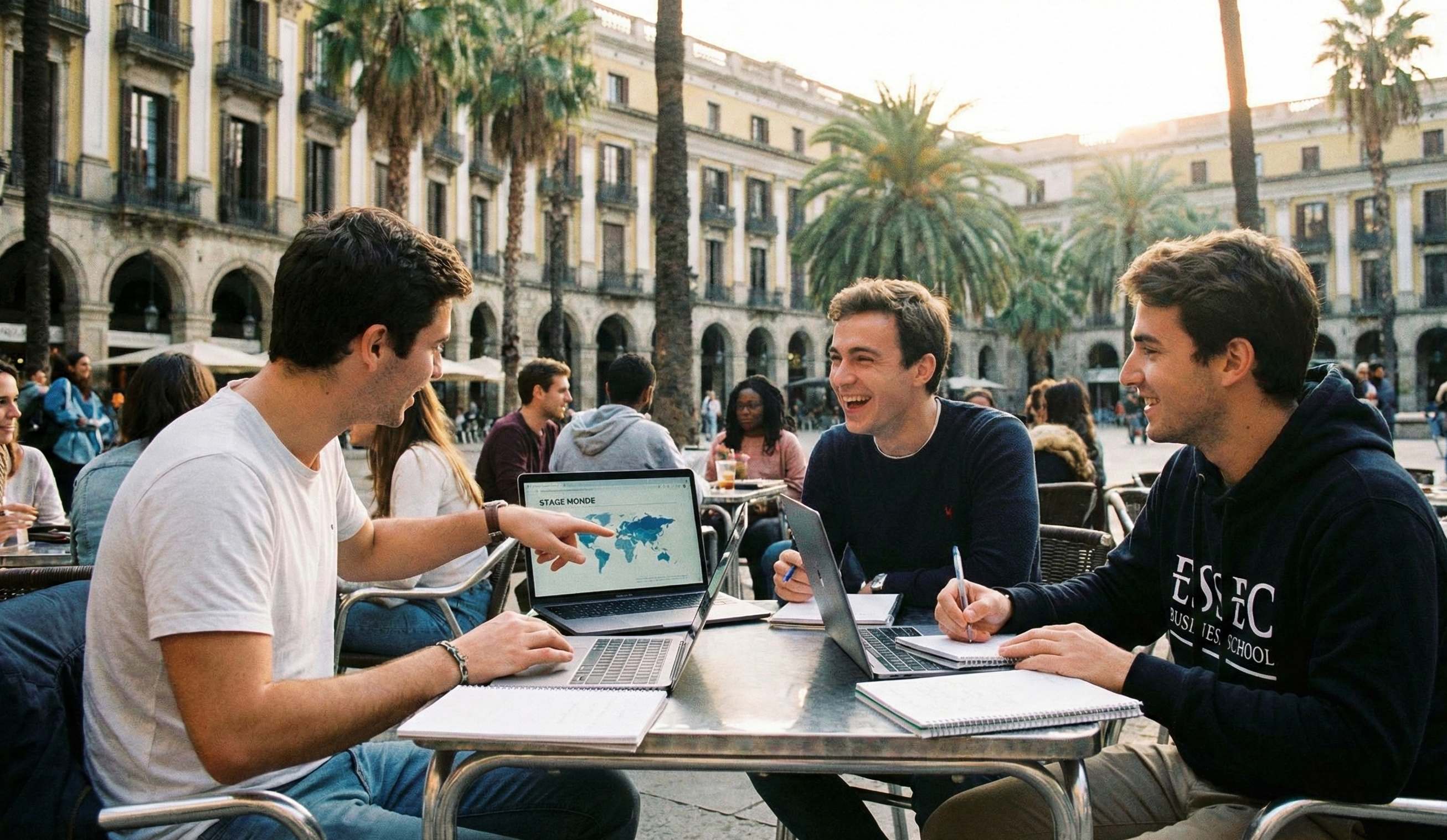 Trois étudiants sont attablés à une terrasse de café, et disvute autour d'un ordinateur de leurs futurs expériences professionnelles ellesionnelles