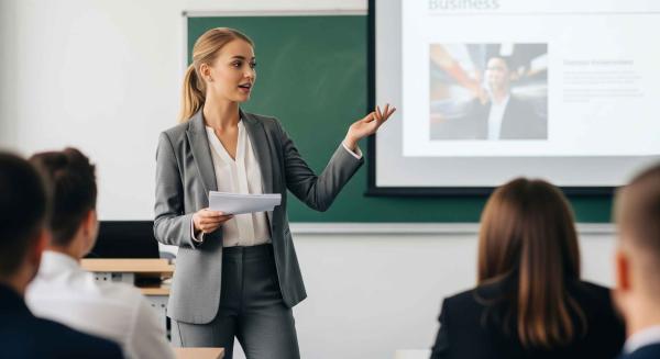 étudiante en école de commerce à paris faisant un présentation commerciale en anglais 